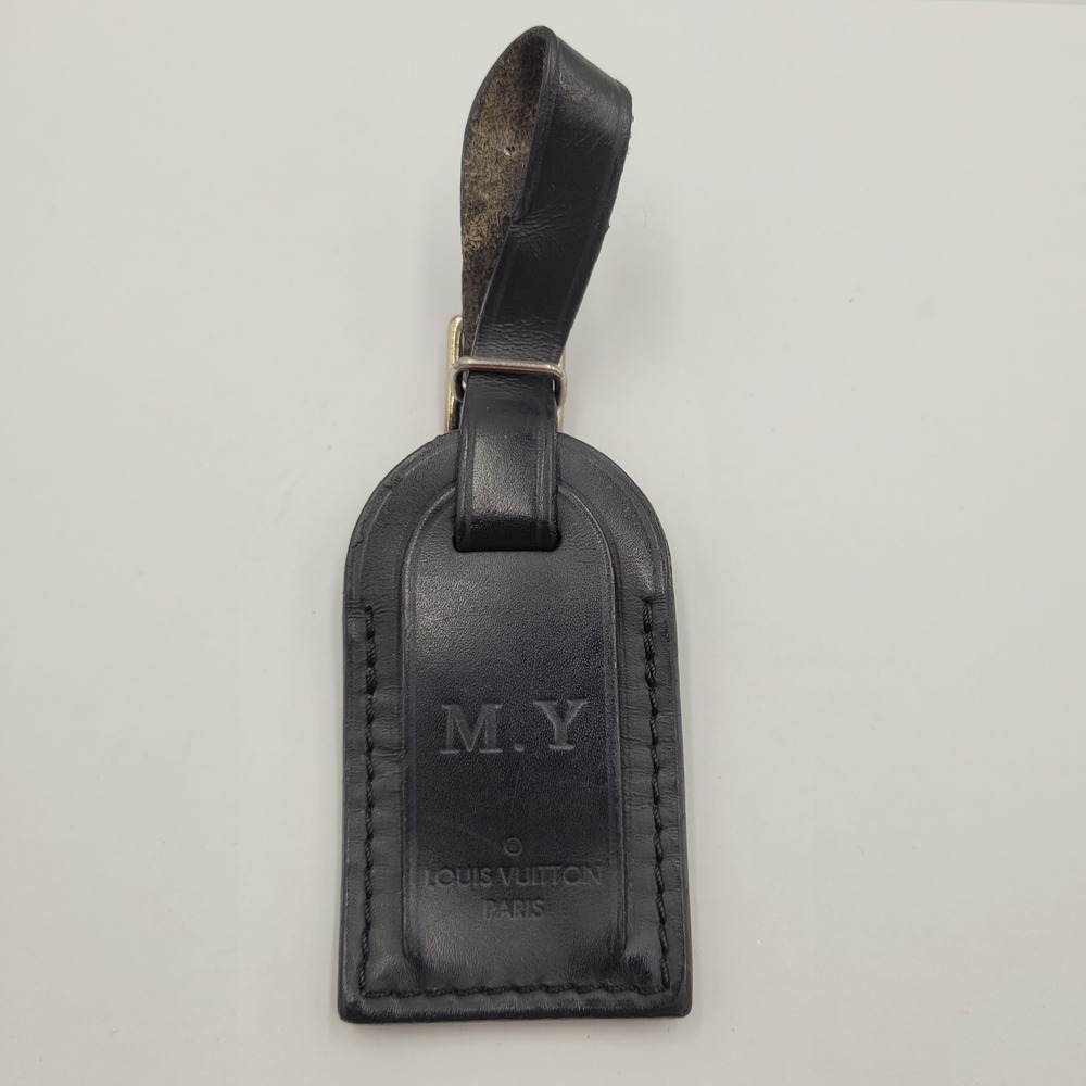 Louis Vuitton Black Leather Luggage Tag M.Y Initials Silver Hardware Small